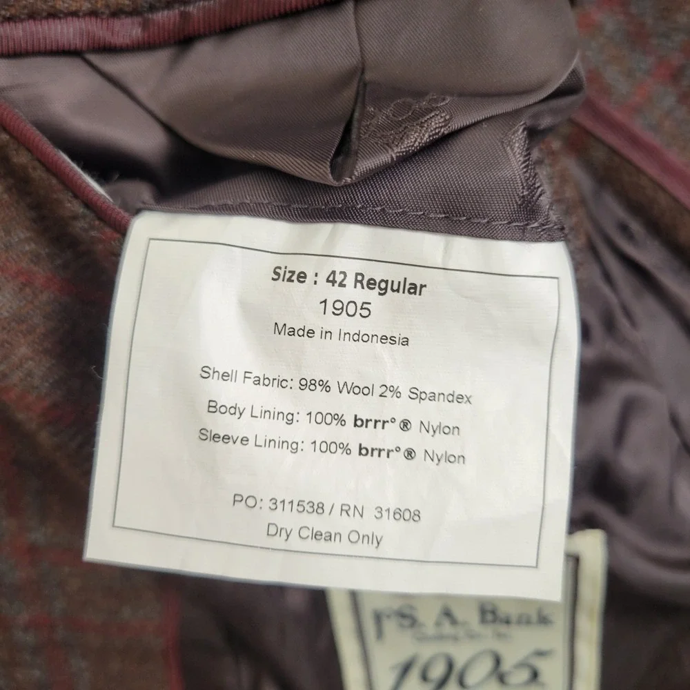 Jos A Bank 1905 Men's Blazer 42R Brown Red Plaid Wool Slim Fit Sport Coat Jacket